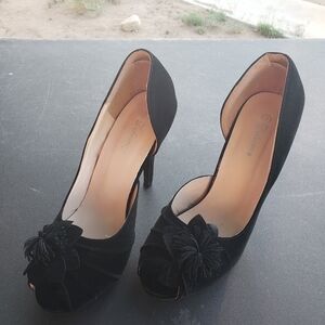 Delicacy Black Floral Peep-Toe Heels